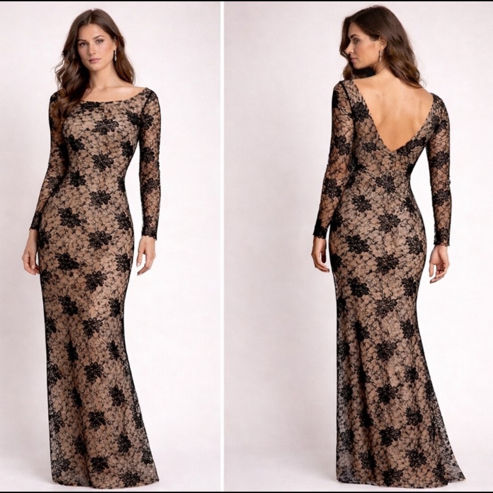 JS collections long sleeves panel lace illusion aline long Gown